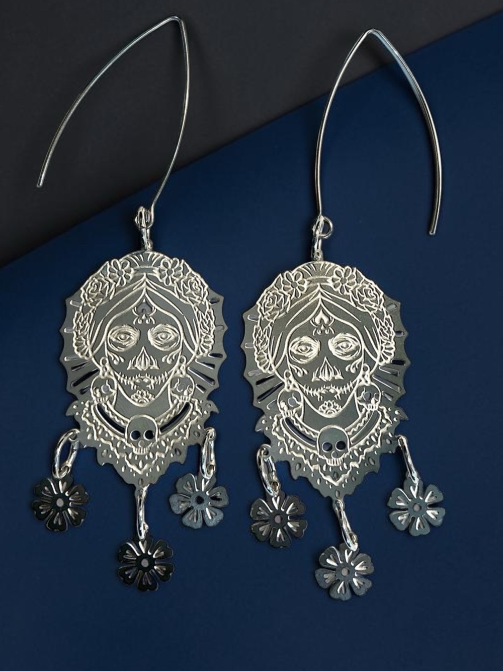 🆕 Female Sugar Skull with Flowers, Spiders, Ghost Laser Etched Dangle Earrings
